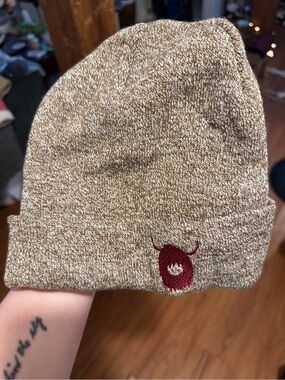 Heathered Tan Knit Beanie with Red Highland Cow Embroidery